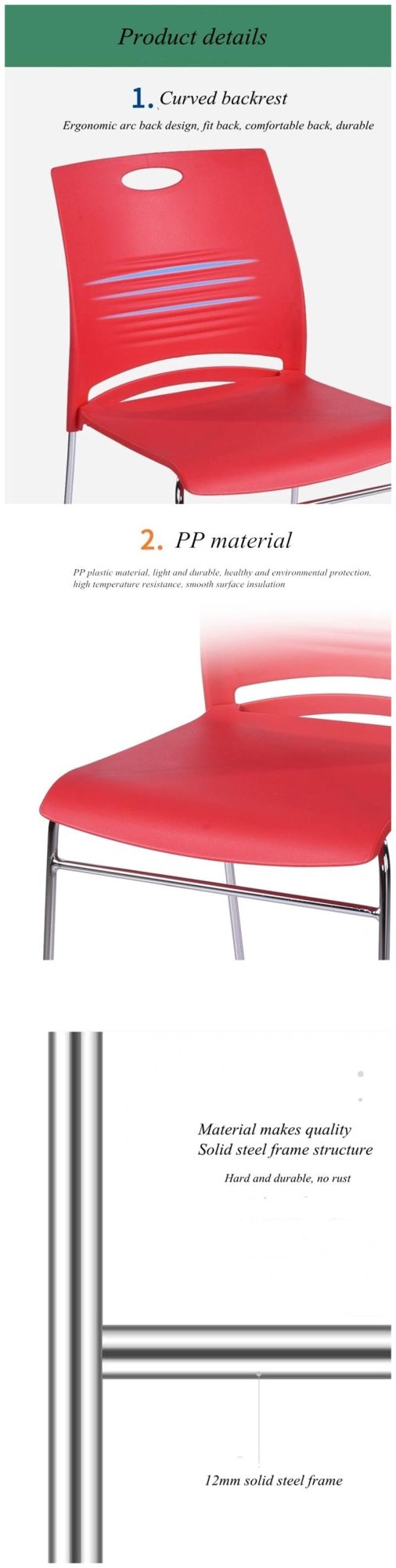Red Color PP Plastic Training Chairs with Writing Tablet Metal Legs Stainless Steel Office School Furniture Conference Chair