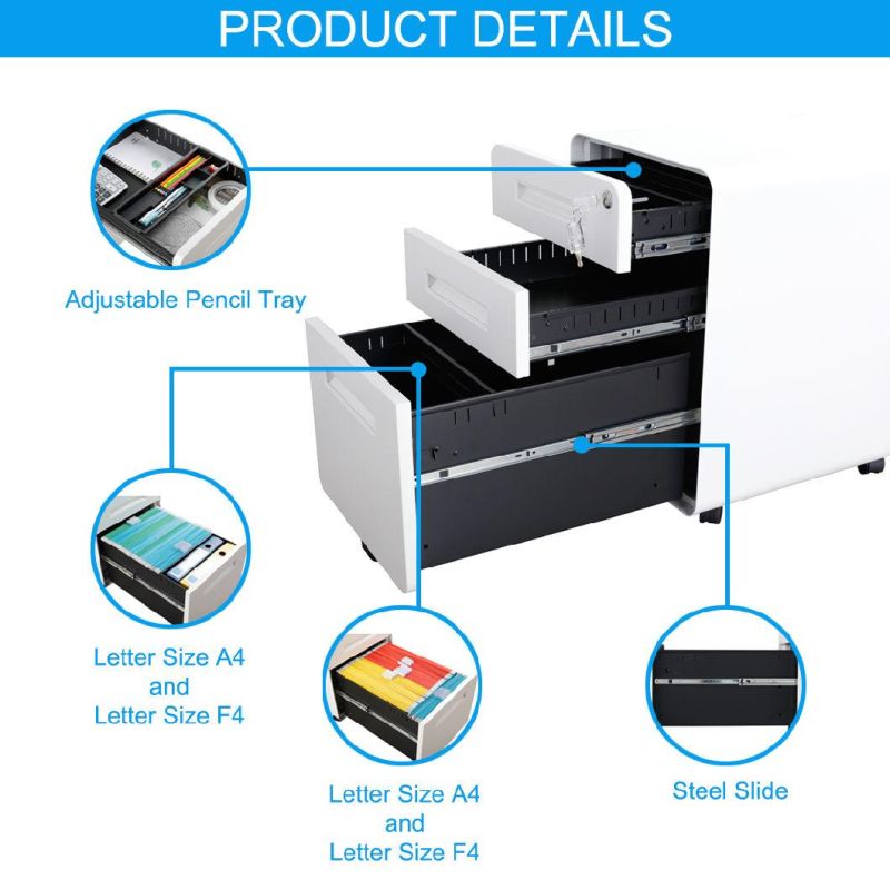 Round Edge 3 Drawer A4 F4 File Storage Steel Filing Cabinet Office Metal Mobile Pedestal Cabinet