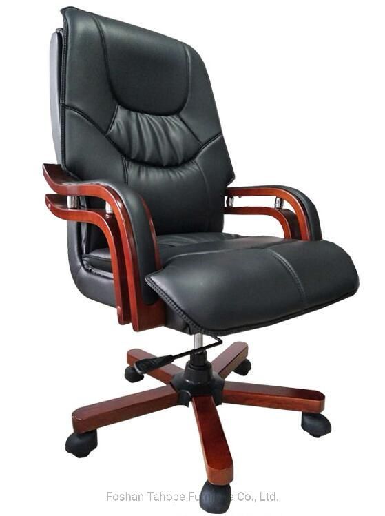 Factory PU Leather High Back Swivel Executive Manager Office Chair with Wooden Armrest