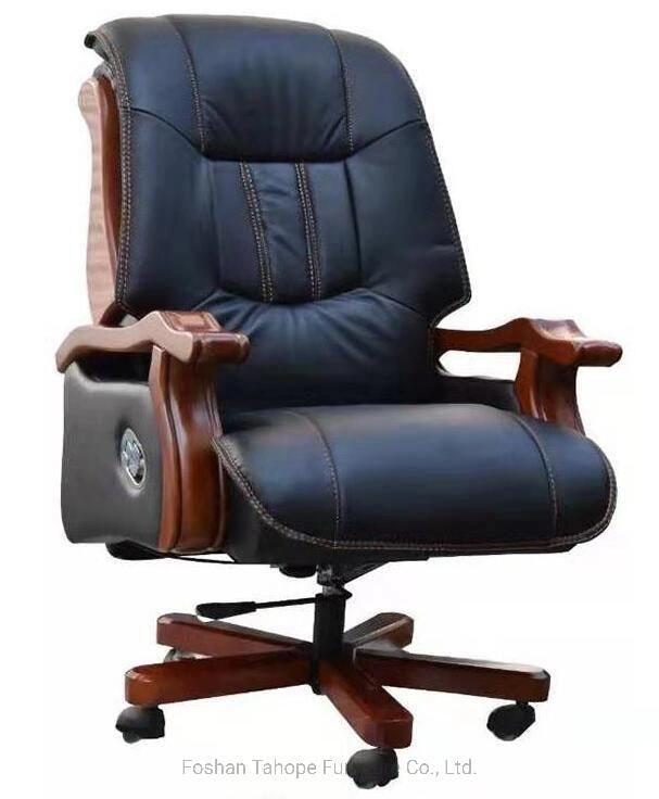 Classic Style Leather Solid Wood Base Swivel Office Manager Executive Chair