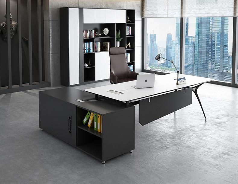 L-Shape Modern Melamine Office Furniture Wooden Executive Manager Table with Metal Legs