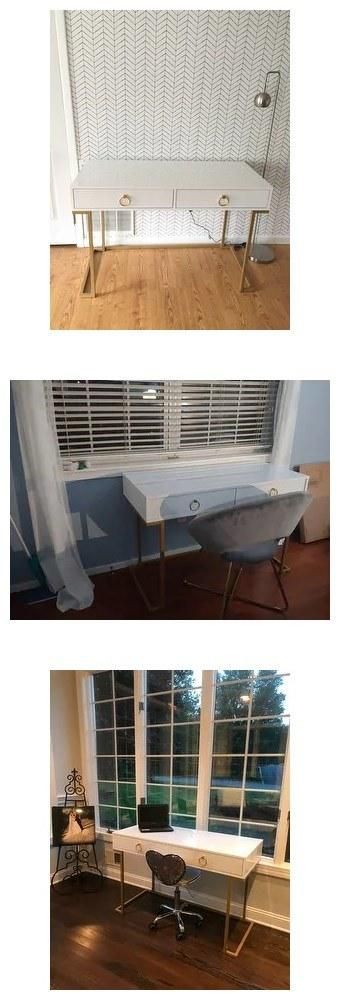 2-Drawer Computer #Desk Table Wood & Metal White & Gold - Standard