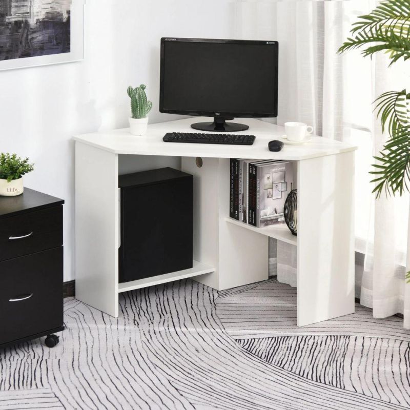 Modern Indoor Corner Laptop Desk W/ Multiple Shelf Design & Strong Build White