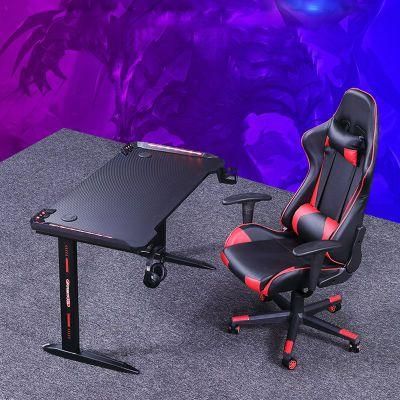 Worker Gaming Desk with LED Lights, Gamer Desk Carbon Fiber Desktop, Game Desk with Cup Holder, Home Office Gaming Room Workstation, Black