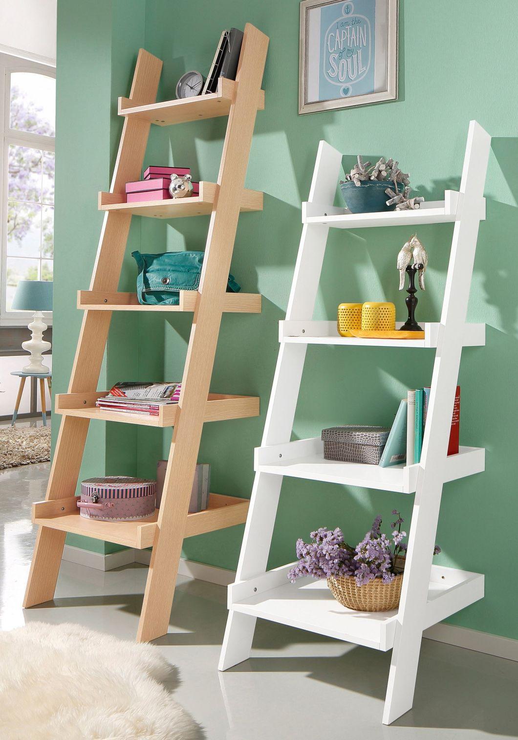 White 4 Story Wood Bookshelf, Ladder Type Bookcase