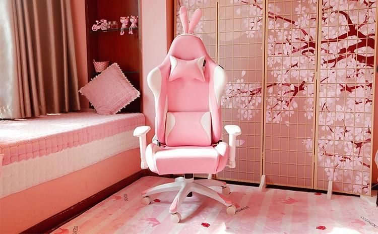 Silla De Cuero PU PARA Ordenador De Carreras, Silló N Ergonó Mico De Espalda Alta Con Orejas De Conejo Rosa, Kawaii, Rosa