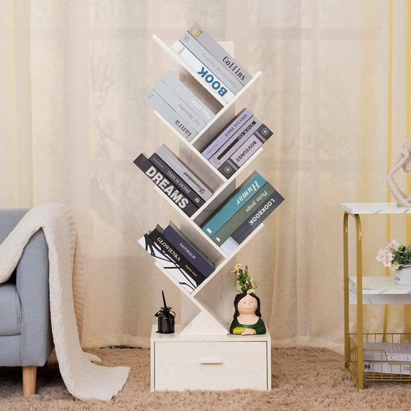 Tree Bookshelf Free Standing Wood Bookcase with Drawers for Living Room Bedroom Home Office