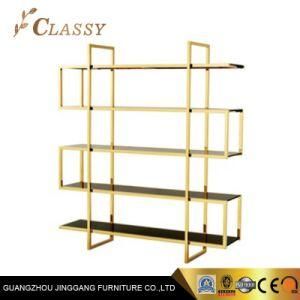 Home Living Room Wine Book Shelf in Golden Stainless Steel and Blass Glass Top