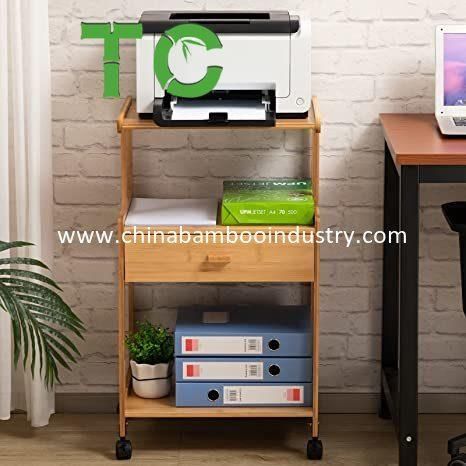 3-Tiers Mobile Printer Stand Holder with Drawer, Rolling Cart with Wheels, Bamboo Rack for Home and Office