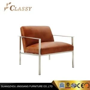 Modern Office Furniture Brown Leather Armchair with Sliver Metal Frame