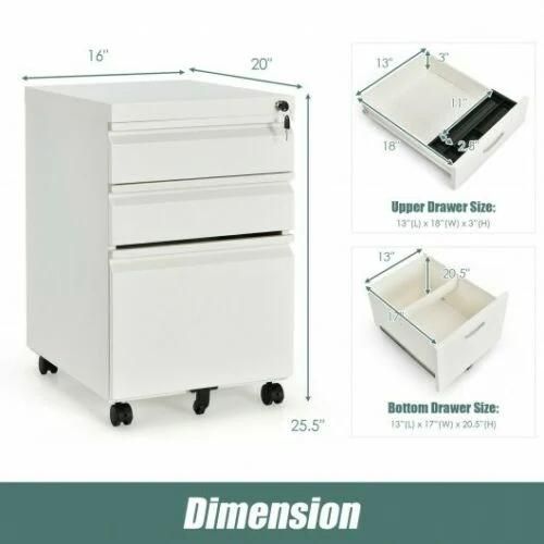 Pft 3-Drawer Mobile Steel File Cabinet for Legal/Letter Files W/Lock White