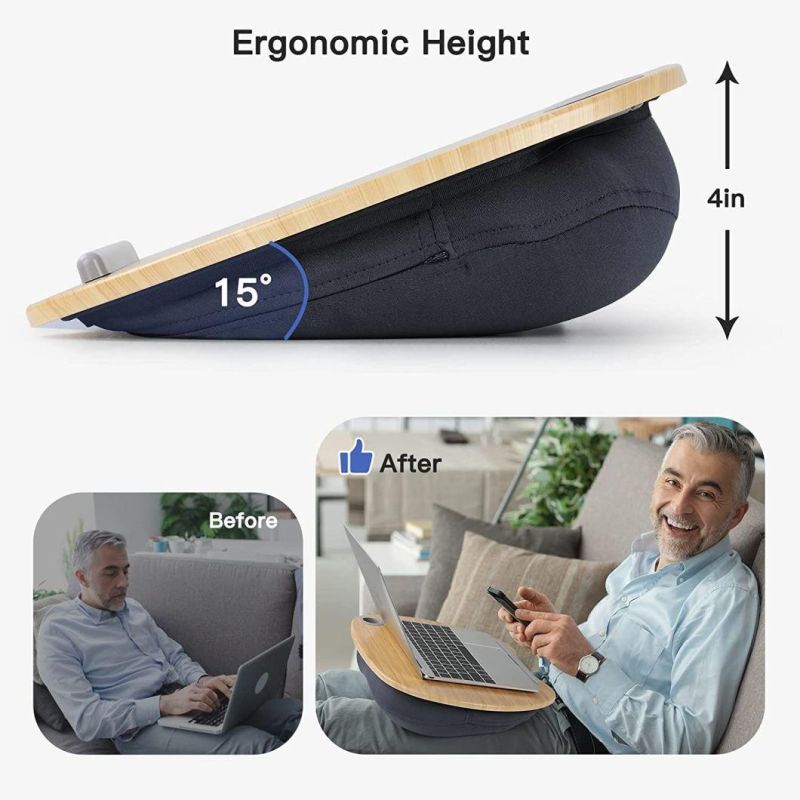 Laptop Stand with Pillow Cushion & Bamboo Grain Platform on Bed & Sofa, with Cable Hole & Anti-Slip Strip