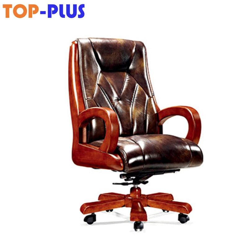Wooden PU Genuine Leather Classic High Back Office Chair (R-1802)