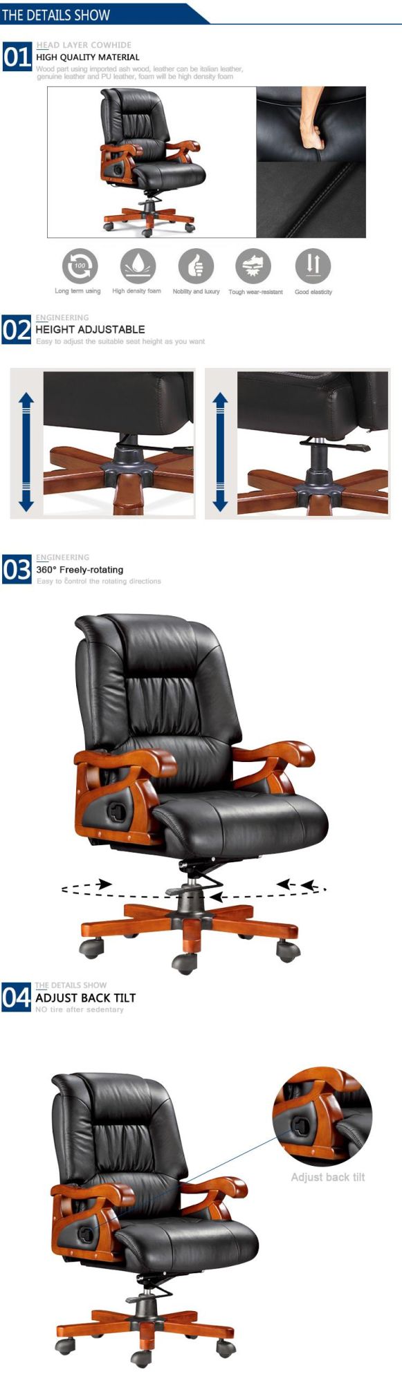 2019 Factory Price Luxury Executive Wooden Frame Swivel Genuine Leather Office Chair