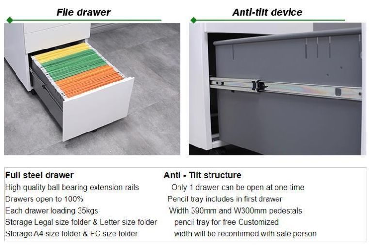 3 Drawer Steel Office Metal File Storage Mobile Pedestal Cabinet