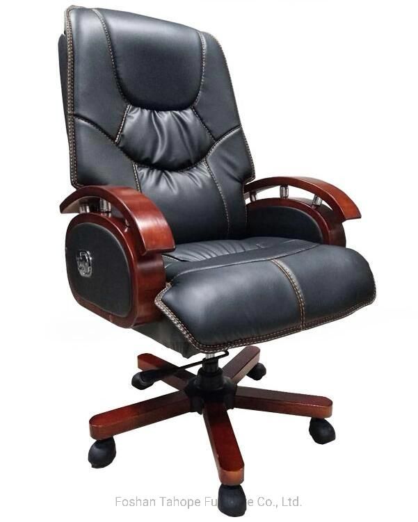 Classic Style Leather Solid Wood Base Swivel Office Manager Executive Chair