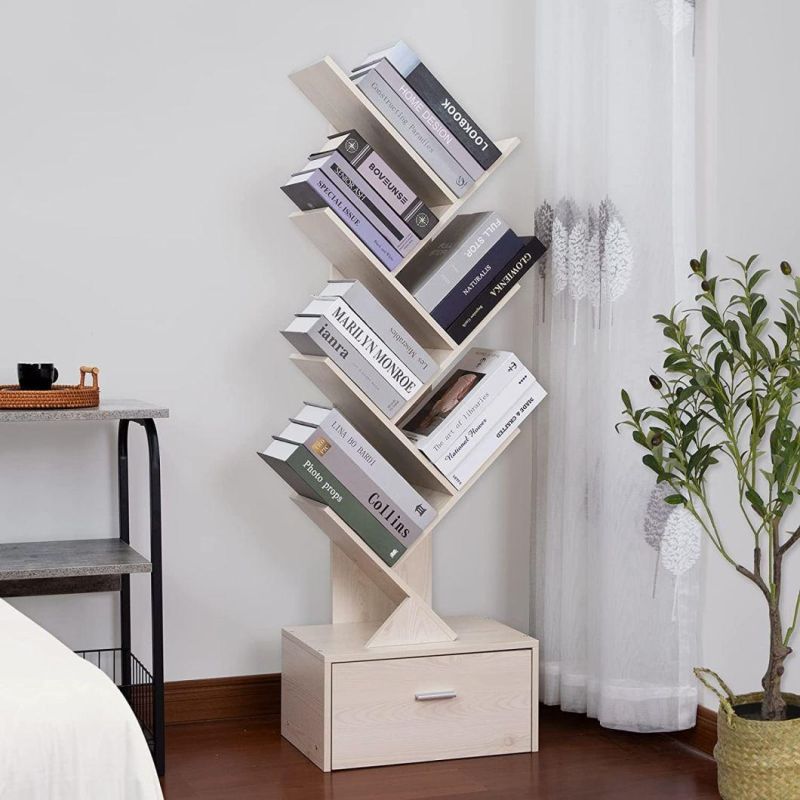 Tree Bookshelf Free Standing Wood Bookcase with Drawers for Living Room Bedroom Home Office