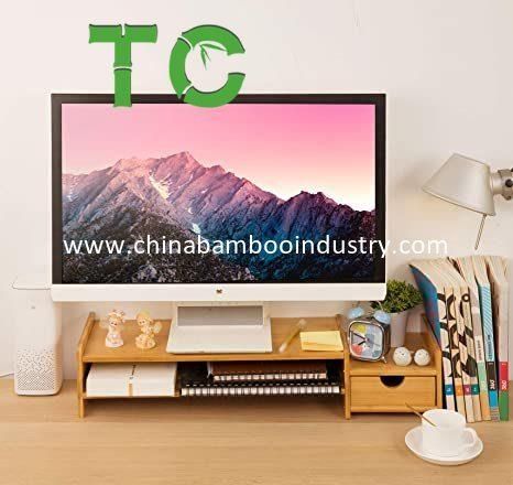 Desk Organizer-Bamboo 2 Tier Laptop Stand with Drawers, Adjustable Desktop Storage Organizer for Computer, Printer