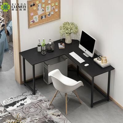 Walnut Laminate/Black Metal Frame L-Shaped Corner Computer Desk Office Study Workstation with Shelves for Home Office