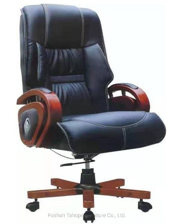 Factory PU Leather High Back Swivel Executive Manager Office Chair with Wooden Armrest