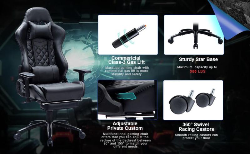 Massage Ergonomic Gaming Chair with Footrest Black