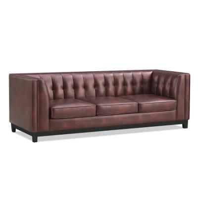Home Furniture Genuine Brown Leather 3 Seater Button Back Cushion Living Room Sofa