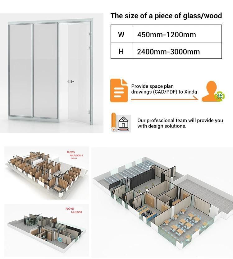 Room Divider Office Wood Glass Partition Wall with Double Glass Aluminium Blinds Inside