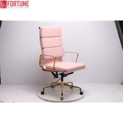 Ergonomic Design Pink Leather Office Chair with Golden Aluminum Frame