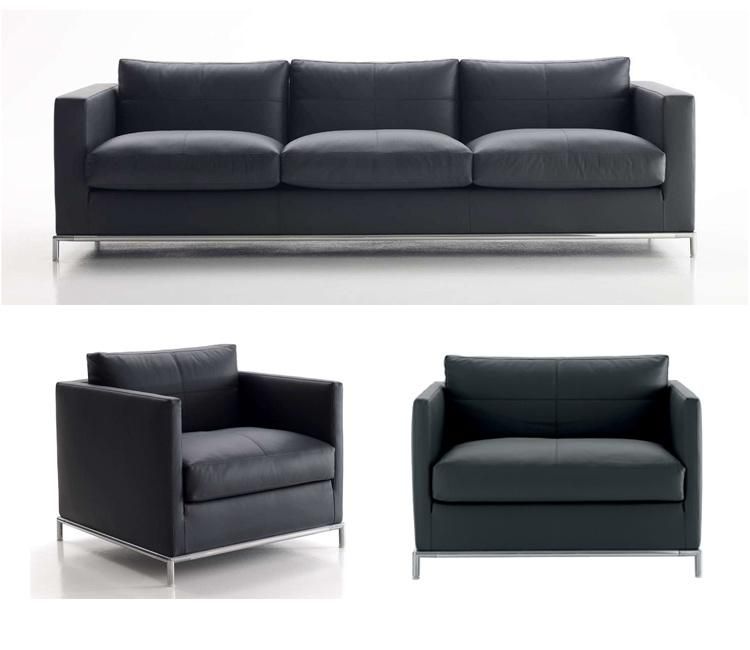Stainless Steel Legs Business Sofa Set with Black Real Leather