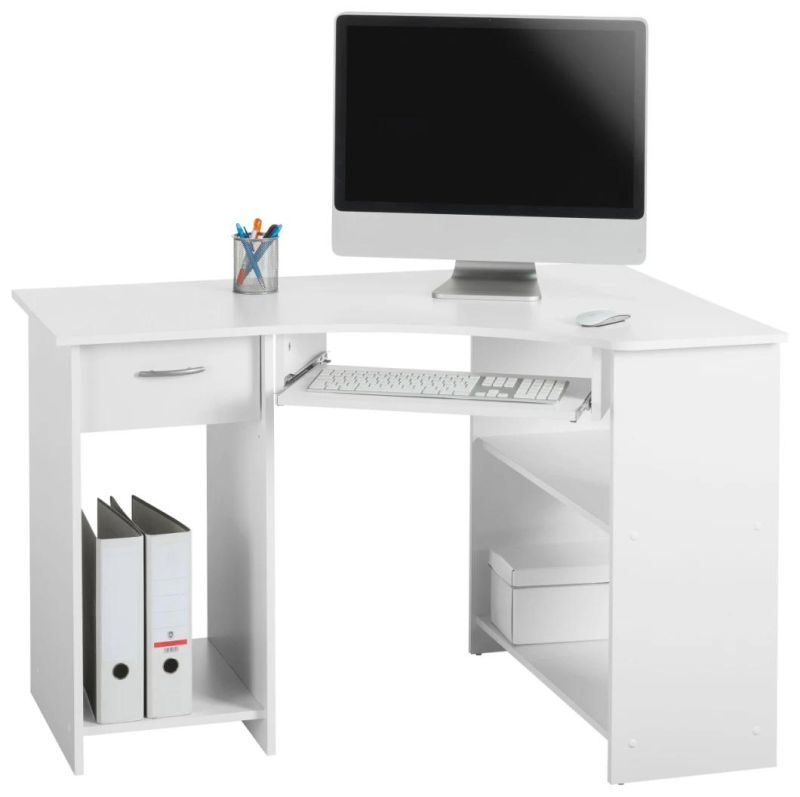 White Wood Computer Table, Desktop Computer Desk with Two Tiers Shelf