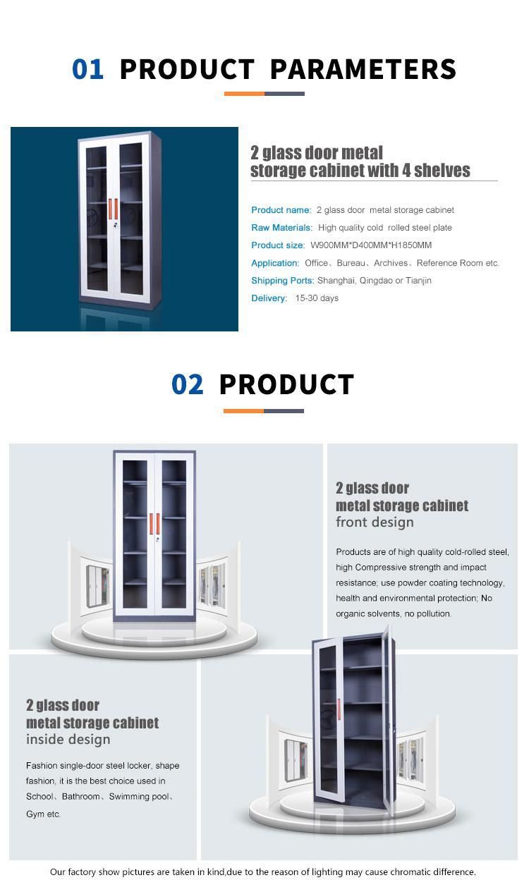 New Style and Popular Office Furniture Metal File Storage Cabinet Cupboard with 2 Glass Door