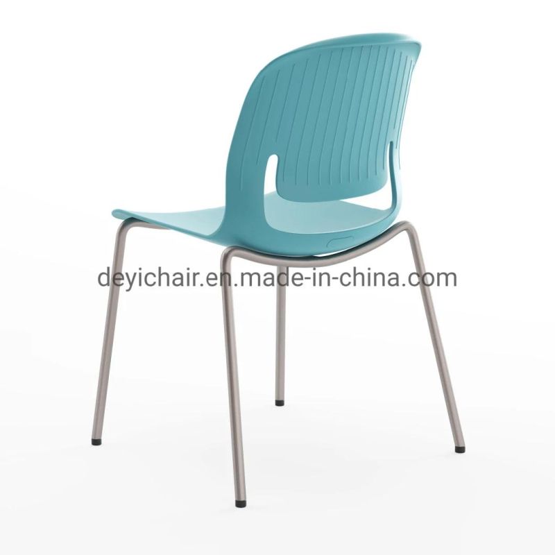 Blue Color Plastic Shell with Seat Cushion Chromed Finished 4 Legs Frame Stool Chair