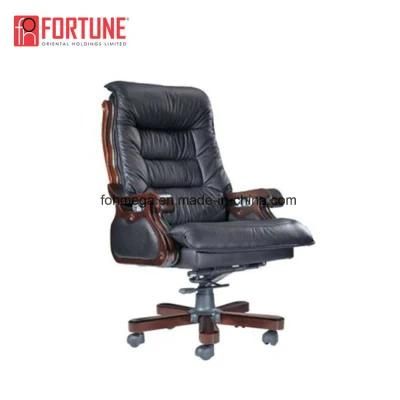 High Back Black Genuine Leather Reclining Office Chair with Footrest