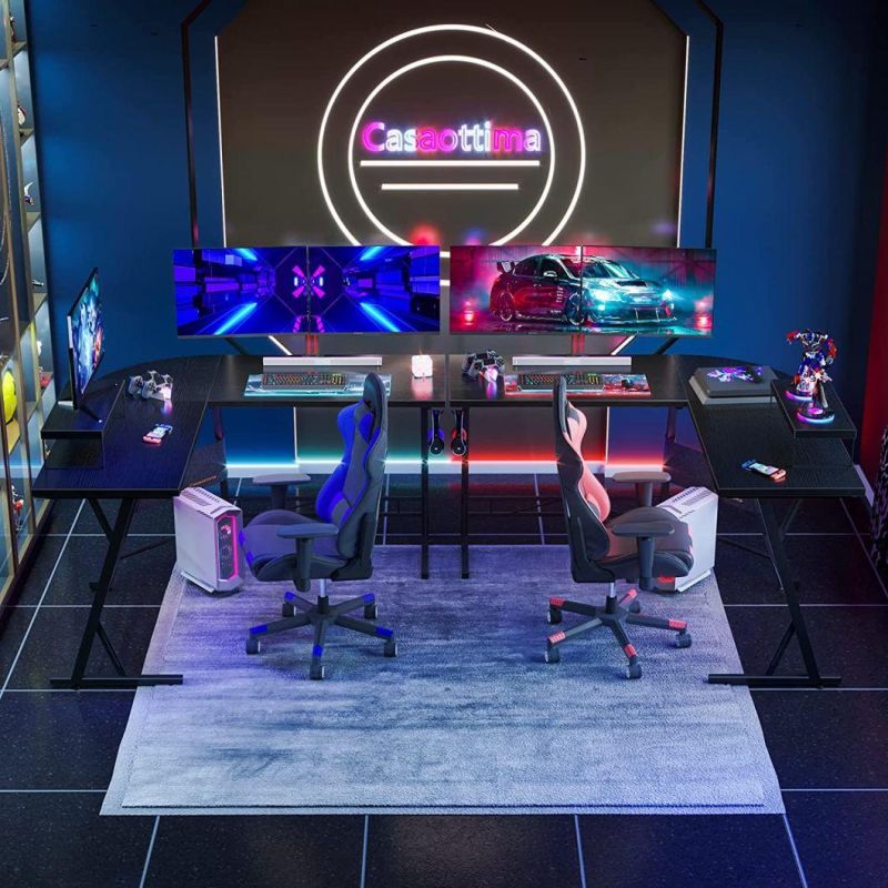 Worker Gaming Desk with LED Lights, 47 Inch Gamer Desk Carbon Fiber Desktop, Game Desk with Cup Holder, Home Office Gaming Room Workstation, Black, Pink