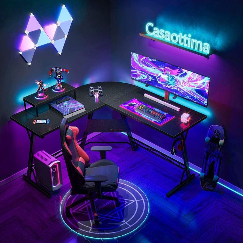 Gaming Desk with LED Lighting, PC Computer Desk Gaming Table Z Shaped Gamer Workstation with Wire Mesh, Black