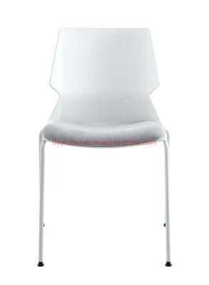 White Color Powder Coated Finished 4 Legs Base with Fabric Upholstery Seat Cushion No Arm Stacking Chair