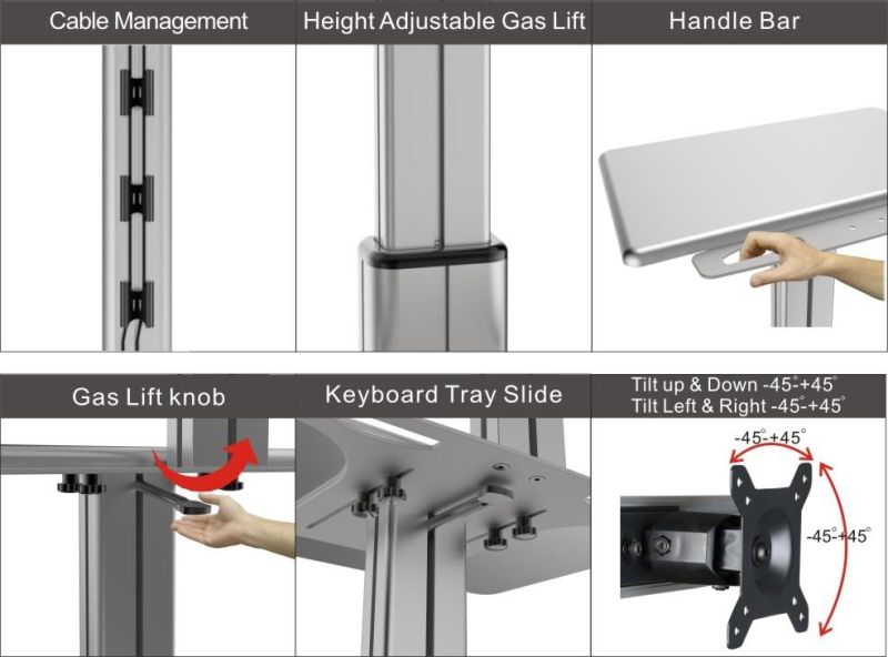 Mobile Computer Workstation Gas Lift/Trolley Single Monitor 10-24" Adjustable