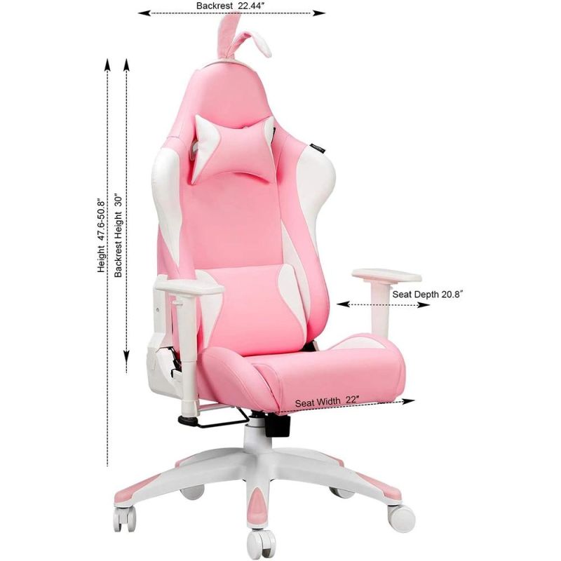 Silla De Cuero PU PARA Ordenador De Carreras, Silló N Ergonó Mico De Espalda Alta Con Orejas De Conejo Rosa, Kawaii, Rosa