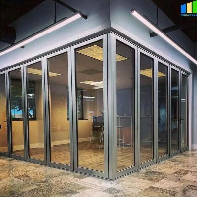 Office Workstation Aluminum Profile Folding Glazed Wall Stackable Operable Sliding Movable Tempered Clear Glass Partition Price