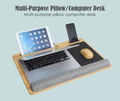 Sample Available Wholesale Portable Bamboo Laptop Stand Wooden Lap Tray Bed Sofa Desk with Soft Pillow Cushion Computer Desk with Phone Slot