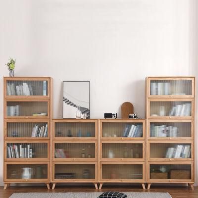 Nordic Solid Wood Household Combination Storage Floor-to-Ceiling Bookshelf with Glass Door Japanese Style Display Storage Cabinet 0039