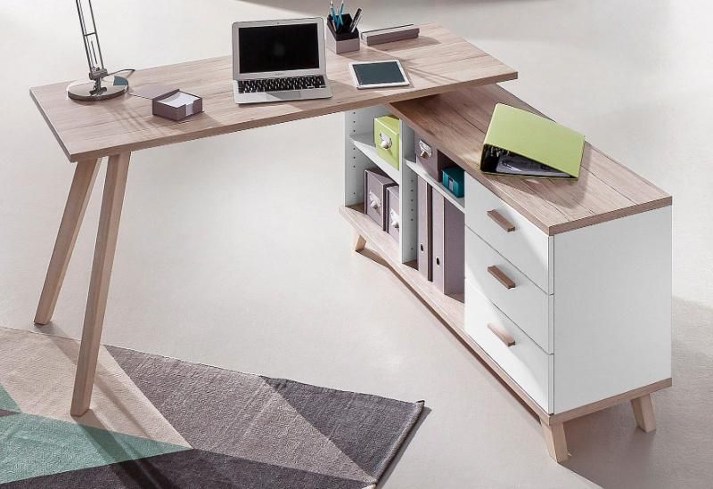 L-Shaped Stable Wood Computer Desk with Bookshelf Storage
