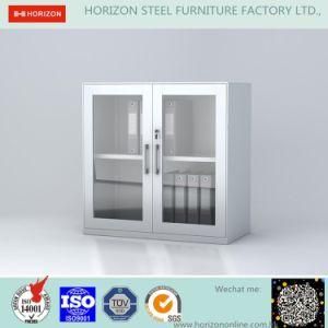 Steel Low Storage Cabinet Office Furniture with Metal Handle and Swinging Steel Framed Glass Doors/File Cabinet