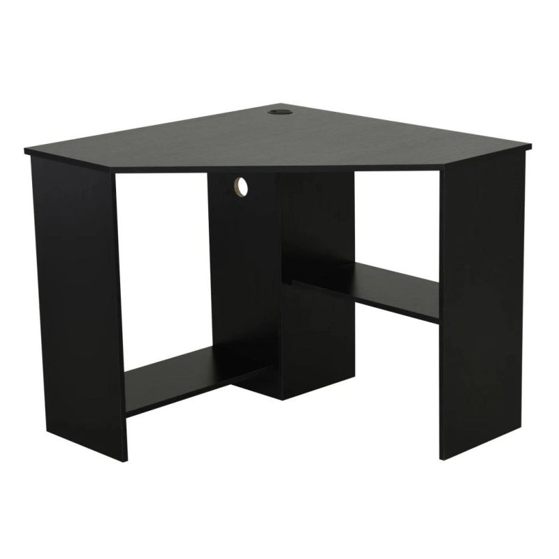 Modern Indoor Corner Laptop Desk W/ Multiple Shelf Design & Strong Build Black