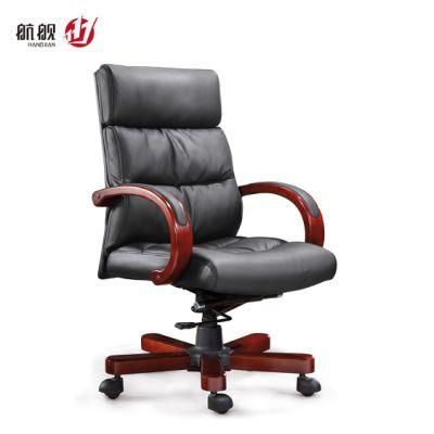 Modern MID Back Office Swivel Ergonomic Leather Office Chair with Solid Wood Armrest