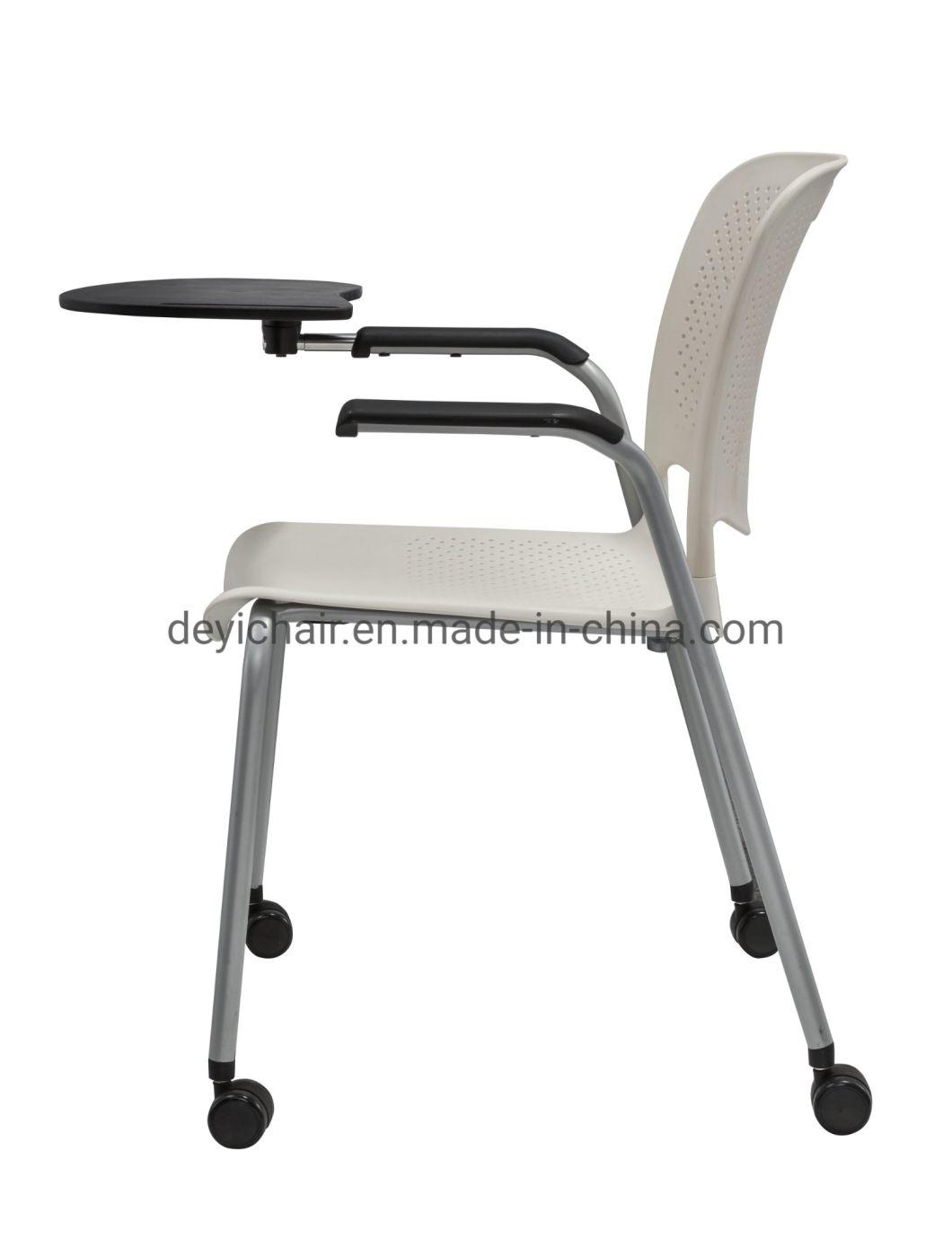 White Color Plastic Shell with Writing Pad Chromed Finished 4 Legs Frame Stool with Seat Cushion Chair with Casters
