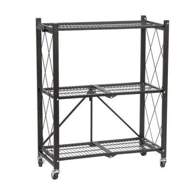 Strong/Foldable 3 Tiers Household Book Shelf Metal Storage Shelving with Wheels