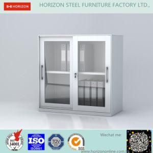 Steel Low Storage Cabinet with Double Swinging Steel Framed Glass Doors