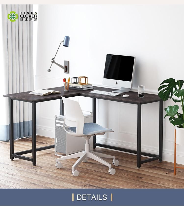 Walnut Laminate/Black Metal Frame L-Shaped Corner Computer Desk Office Study Workstation with Shelves for Home Office