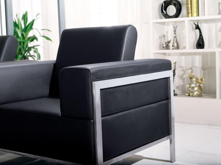 Black Color Genuine Leather Office Reception Sofa with Stainless Steel Frame